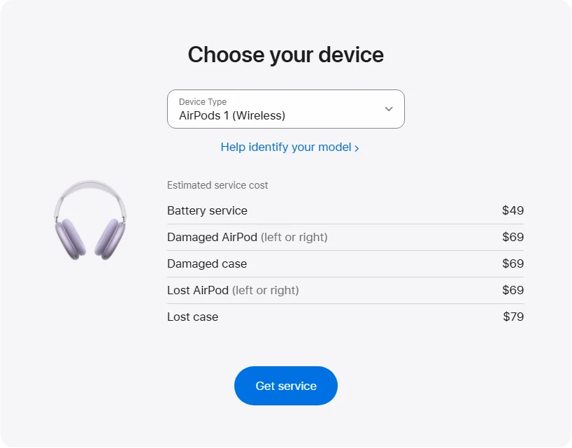 Apple US's repair pricing panel showing AirPods 1 (Wireless) service estimates