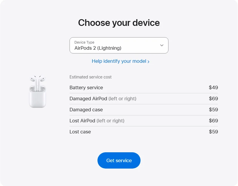 Apple US's repair pricing panel showing AirPods 2 (Lightning) service estimates