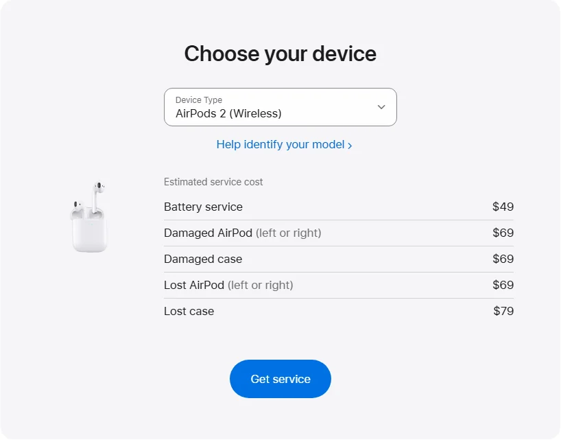Apple US's repair pricing panel showing AirPods 2 (Wireless) service estimates