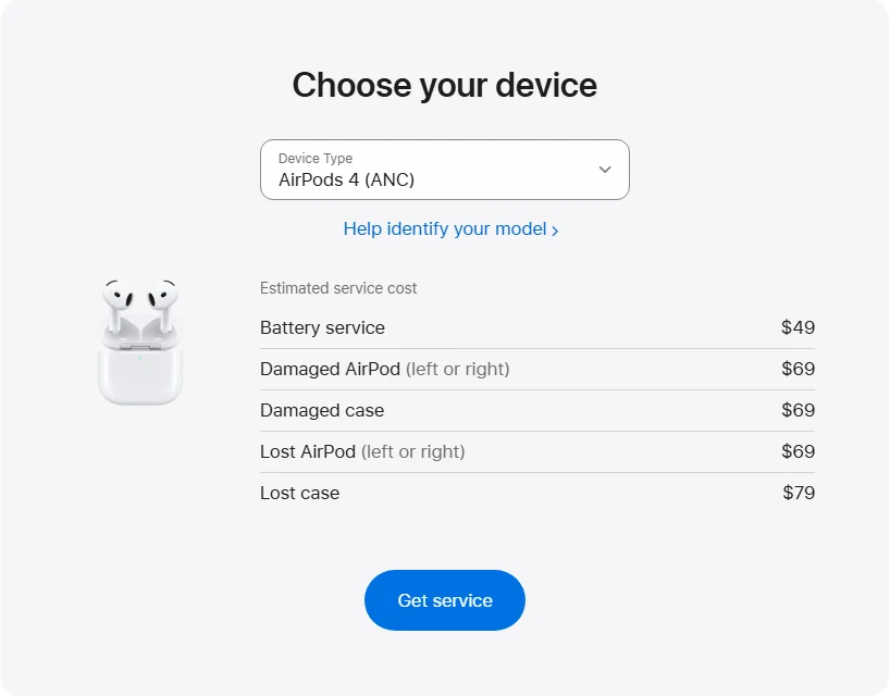 Apple US's repair pricing panel showing AirPods 4 (ANC) service estimates