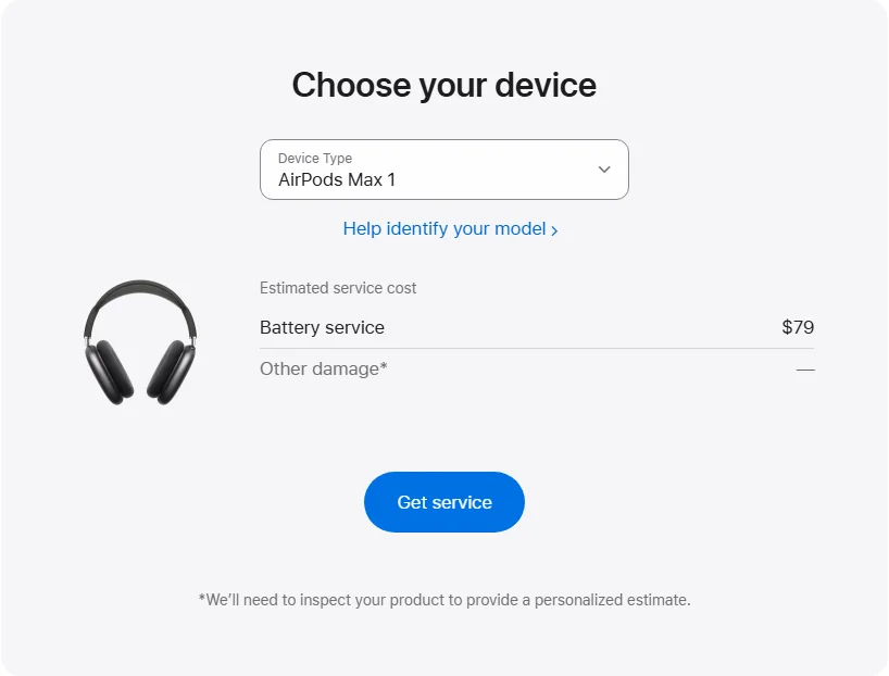 Apple US's repair pricing panel showing AirPods Max 1 service estimates