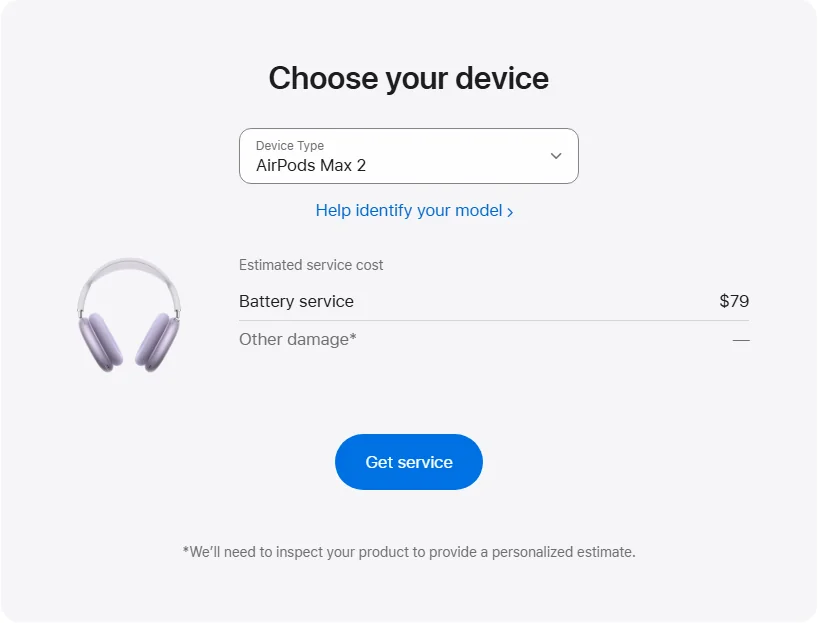 Apple US's repair pricing panel showing AirPods Max 2 service estimates