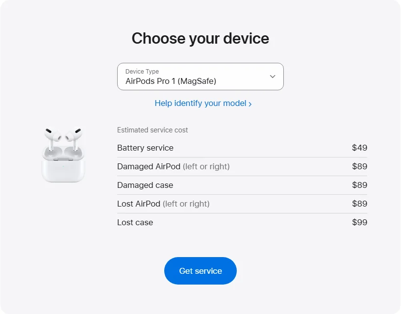 Apple US's repair pricing panel showing AirPods Pro 1 (MagSafe) service estimates