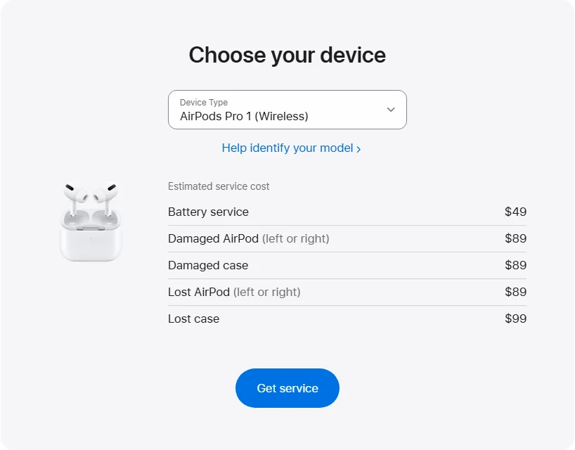Apple US's repair pricing panel showing AirPods Pro 1 (Wireless) service estimates