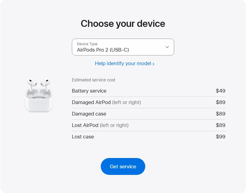 Apple US's repair pricing panel showing AirPods Pro 2 (USB-C) service estimates