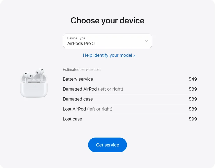 Apple US's repair pricing panel showing AirPods Pro 3 service estimates