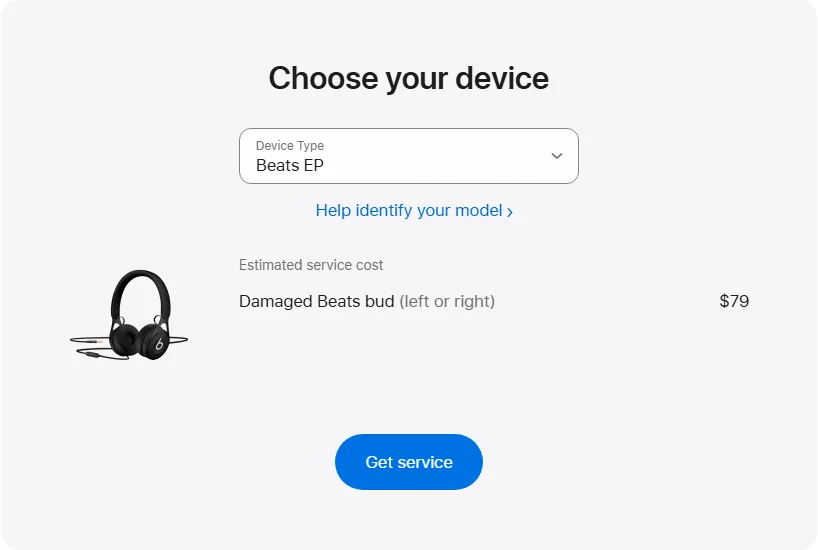 Apple US's repair pricing panel showing Beats EP service estimates
