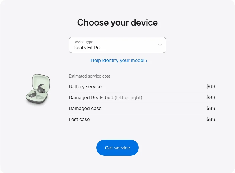 Apple US's repair pricing panel showing Beats Fit Pro service estimates