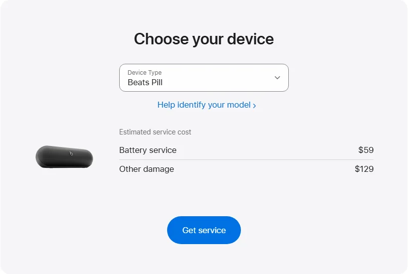Apple US's repair pricing panel showing Beats Pill service estimates