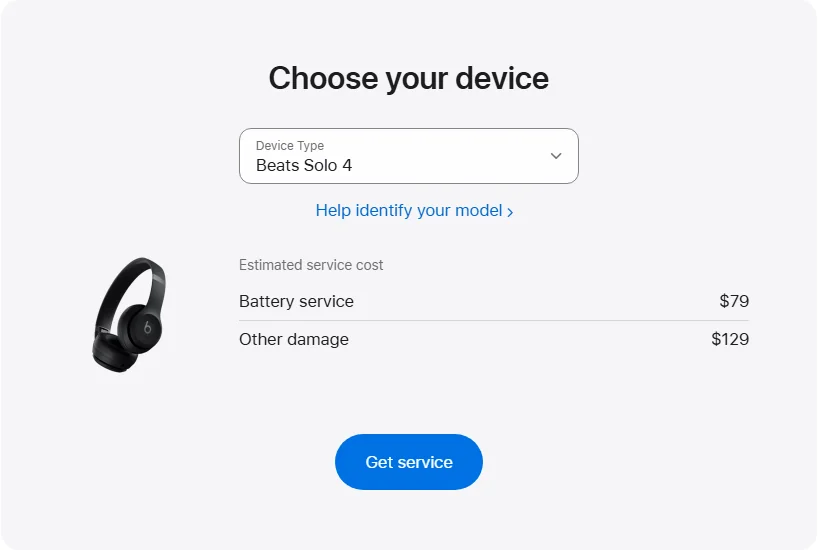 Apple US's repair pricing panel showing Beats Solo 4 service estimates