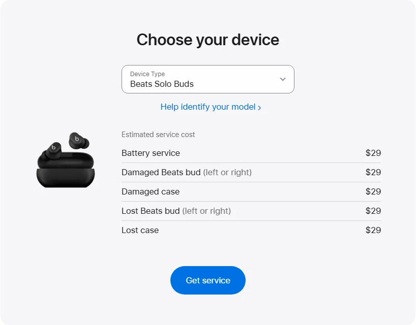 Apple US's repair pricing panel showing Beats Solo Buds service estimates