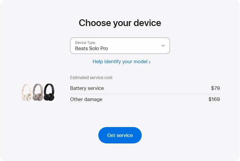 Apple US's repair pricing panel showing Beats Solo Pro service estimates