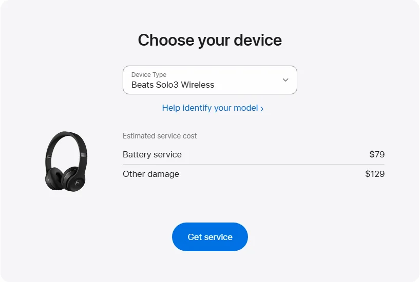 Apple US's repair pricing panel showing Beats Solo3 Wireless service estimates