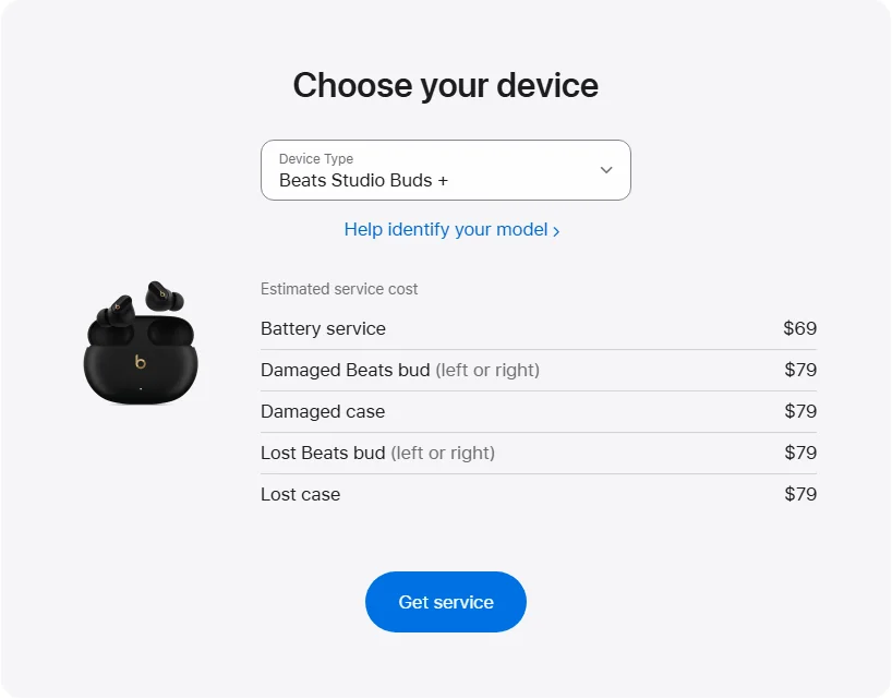 Apple US's repair pricing panel showing Beats Studio Buds + service estimates