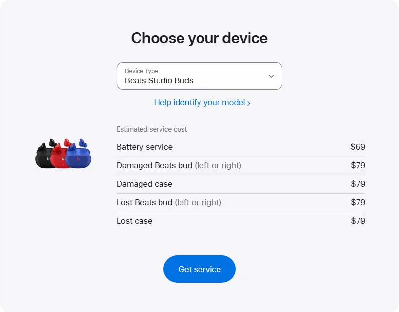 Apple US's repair pricing panel showing Beats Studio Buds service estimates