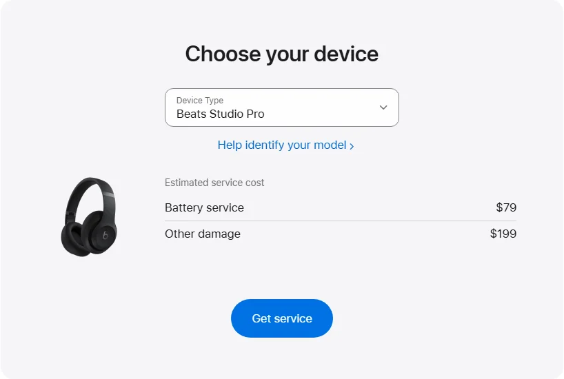 Apple US's repair pricing panel showing Beats Studio Pro service estimates