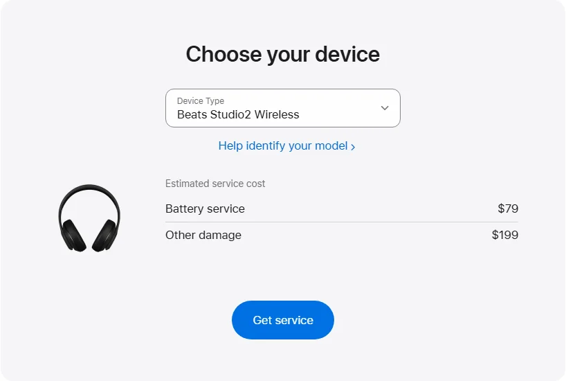 Apple US's repair pricing panel showing Beats Studio2 Wireless service estimates