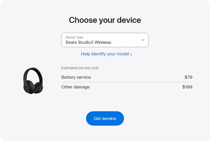 Apple US's repair pricing panel showing Beats Studio3 Wireless service estimates