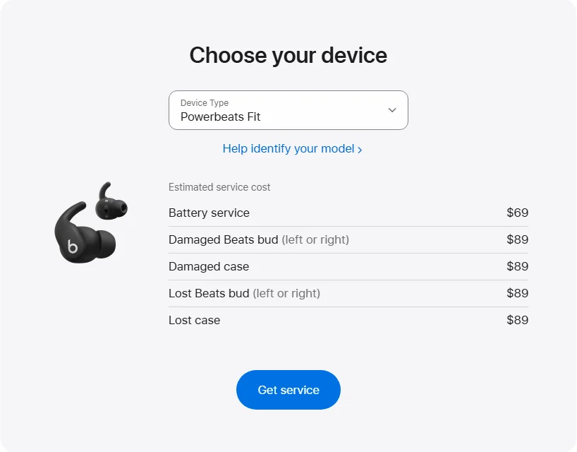 Apple US's repair pricing panel showing Powerbeats Fit service estimates