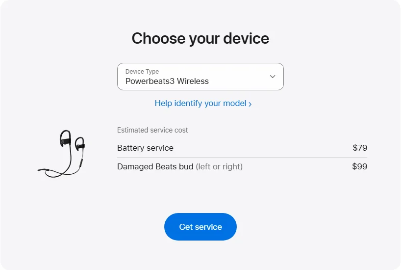 Apple US's repair pricing panel showing Powerbeats3 Wireless service estimates