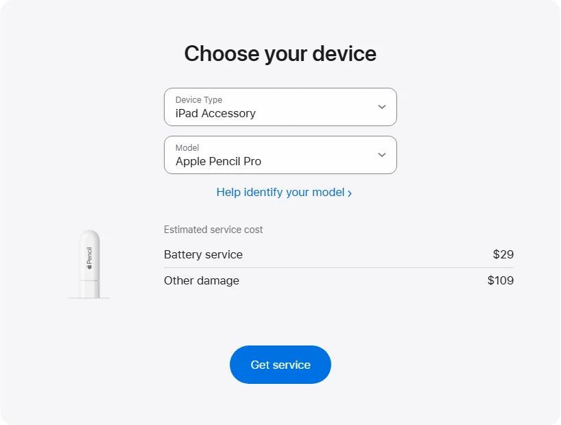 Apple US's repair pricing panel showing Apple Pencil Pro service estimates