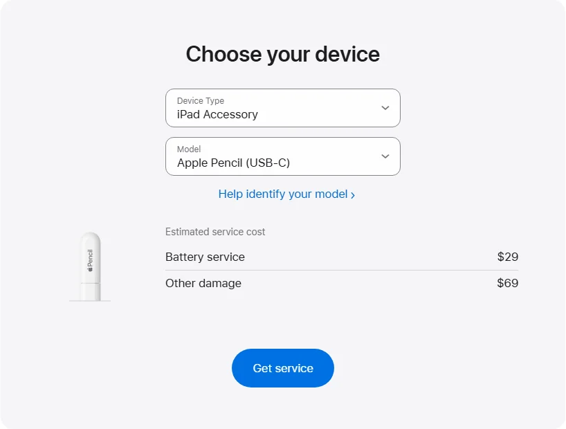 Apple US's repair pricing panel showing Apple Pencil (USB-C) service estimates