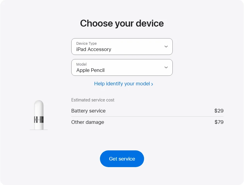 Apple US's repair pricing panel showing Apple Pencil service estimates