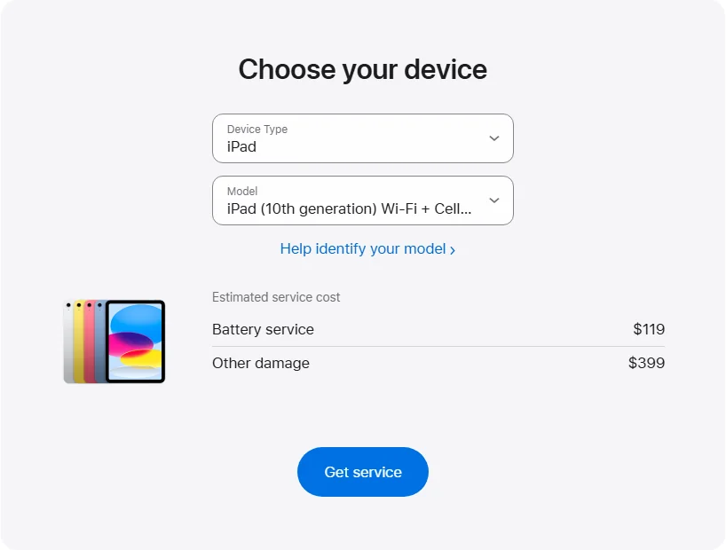 Apple US's repair pricing panel showing iPad (10th generation) Wi-Fi + Cellular service estimates