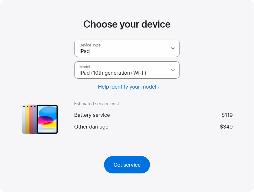 Apple US's repair pricing panel showing iPad (10th generation) Wi-Fi service estimates