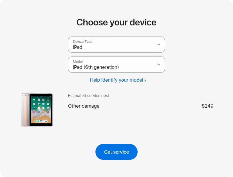Apple US's repair pricing panel showing iPad (6th generation) service estimates