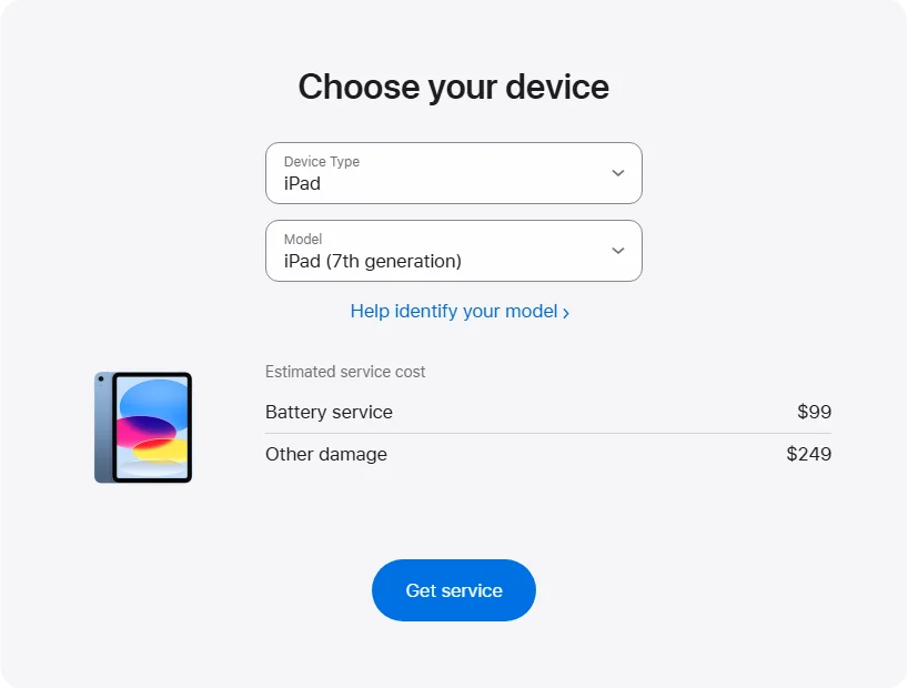 Apple US's repair pricing panel showing iPad (7th generation) service estimates