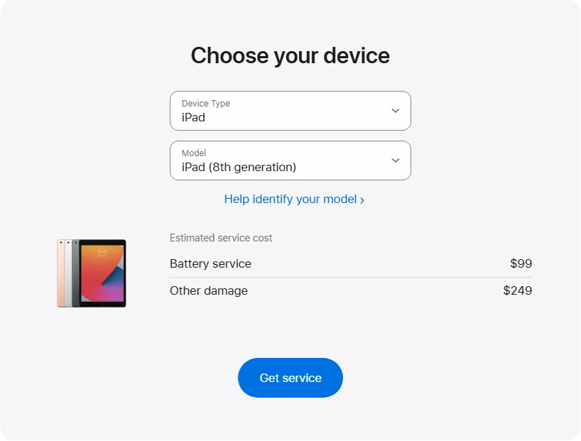Apple US's repair pricing panel showing iPad (8th generation) service estimates