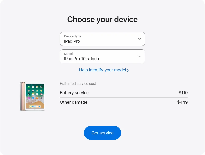 Apple US's repair pricing panel showing iPad Pro 10.5-inch service estimates