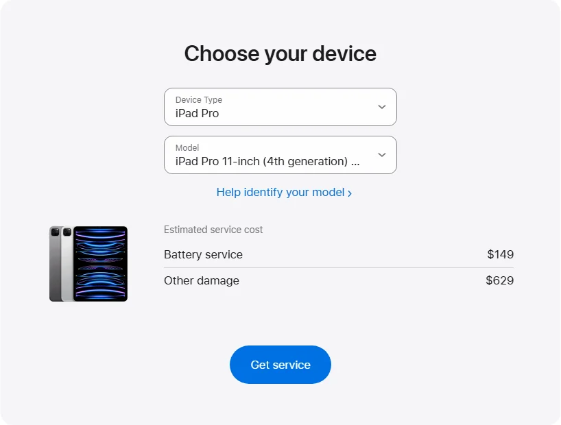 Apple US's repair pricing panel showing iPad Pro 11-inch (4th generation) Wi-Fi service estimates