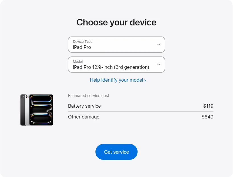Apple US's repair pricing panel showing iPad Pro 12.9-inch (3rd generation) service estimates