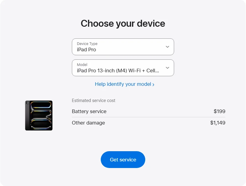 Apple US's repair pricing panel showing iPad Pro 13-inch (M4) Wi-Fi + Cellular service estimates