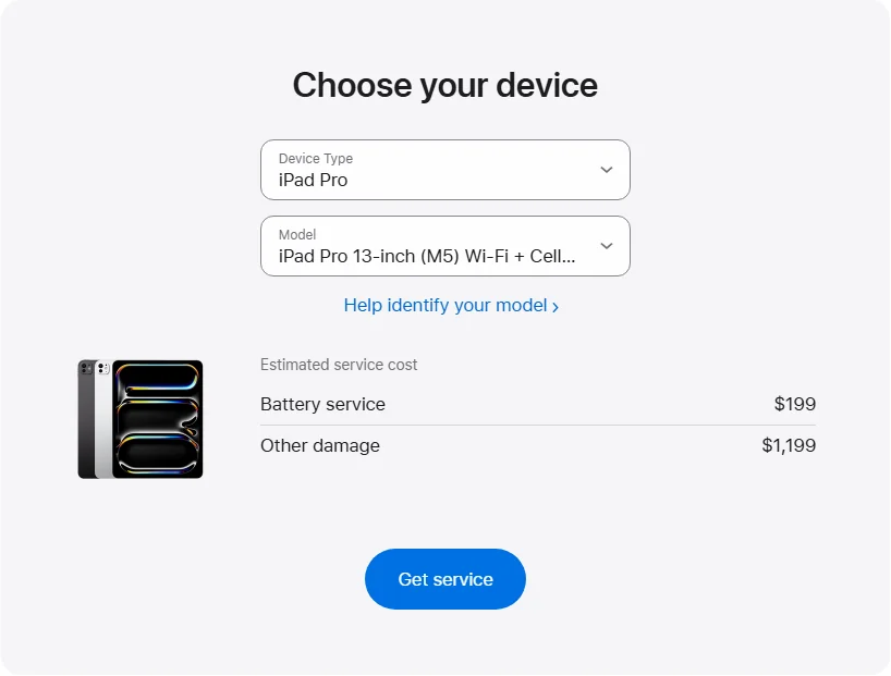 Apple US's repair pricing panel showing iPad Pro 13-inch (M5) Wi-Fi + Cellular service estimates