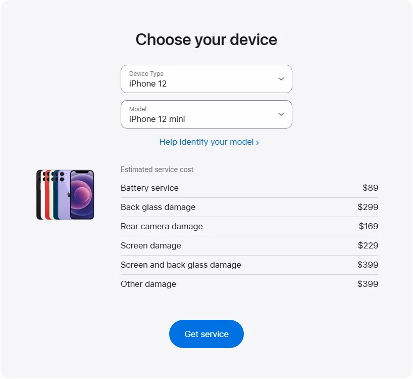 Apple US's repair pricing panel showing iPhone 12 mini service estimates