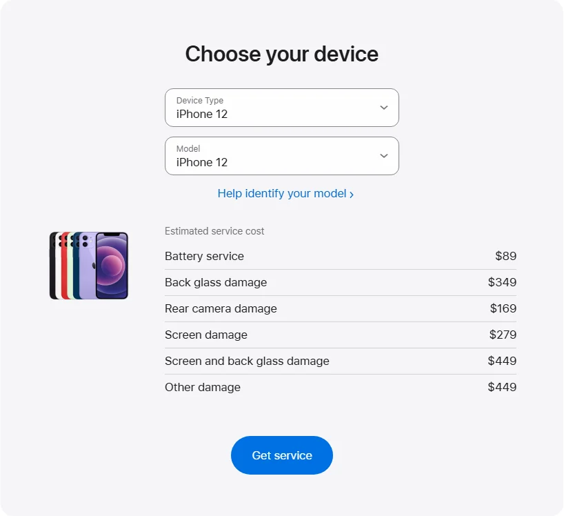 Apple US's repair pricing panel showing iPhone 12 service estimates