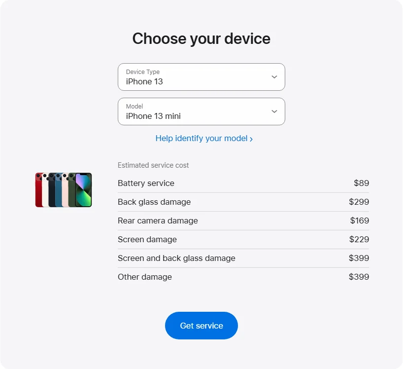 Apple US's repair pricing panel showing iPhone 13 mini service estimates