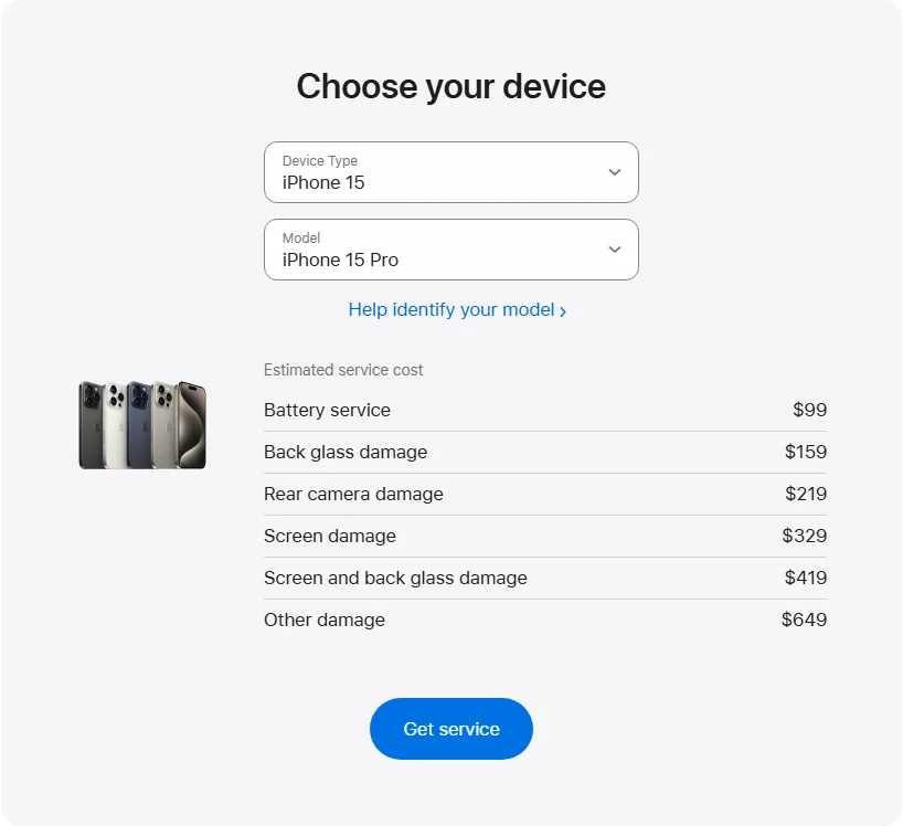 Apple US's repair pricing panel showing iPhone 15 Pro service estimates