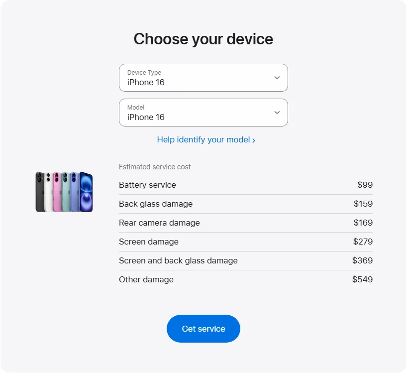 Apple US's repair pricing panel showing iPhone 16 service estimates
