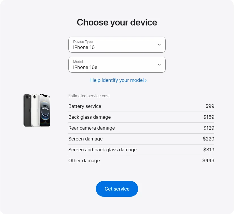Apple US's repair pricing panel showing iPhone 16e service estimates