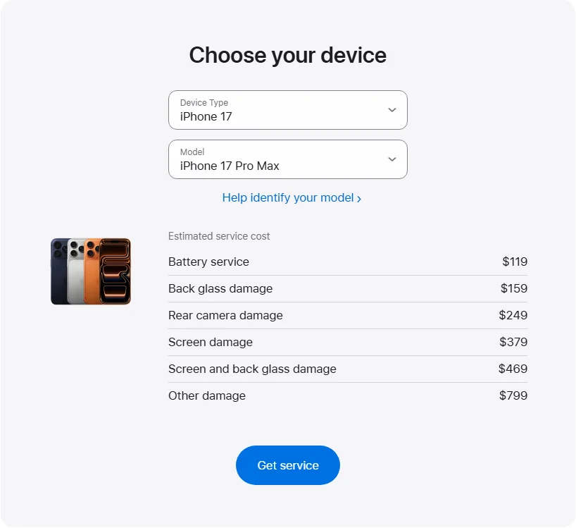Apple US's repair pricing panel showing iPhone 17 Pro Max service estimates