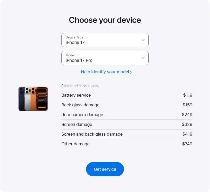 Apple US's repair pricing panel showing iPhone 17 Pro service estimates