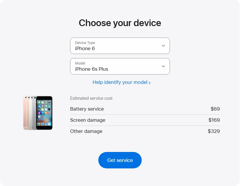 Apple US's repair pricing panel showing iPhone 6s Plus service estimates