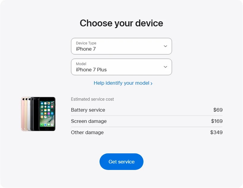Apple US's repair pricing panel showing iPhone 7 Plus service estimates