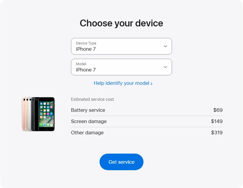 Apple US's repair pricing panel showing iPhone 7 service estimates