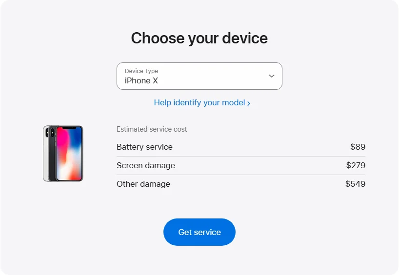 Apple US's repair pricing panel showing iPhone X service estimates