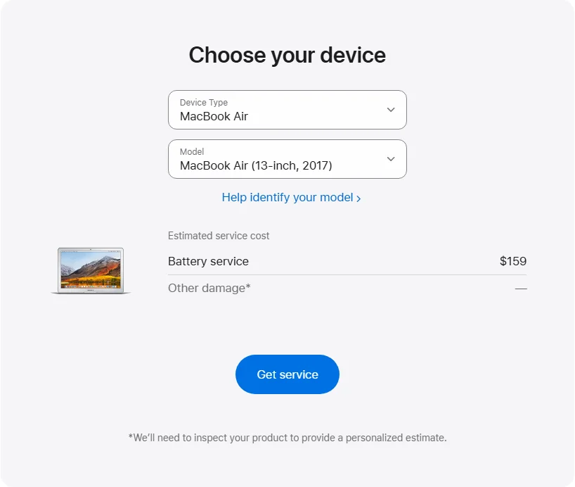 Apple US's repair pricing panel showing MacBook Air (13-inch, 2017) service estimates